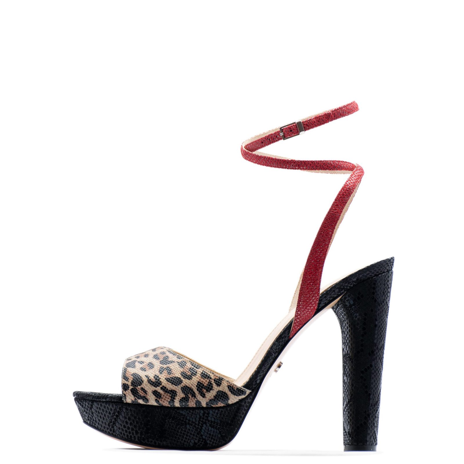 Red Leopard Satin Shoes Open Toe Crossed Front Zip Back Leopard Sole 4' Heel 