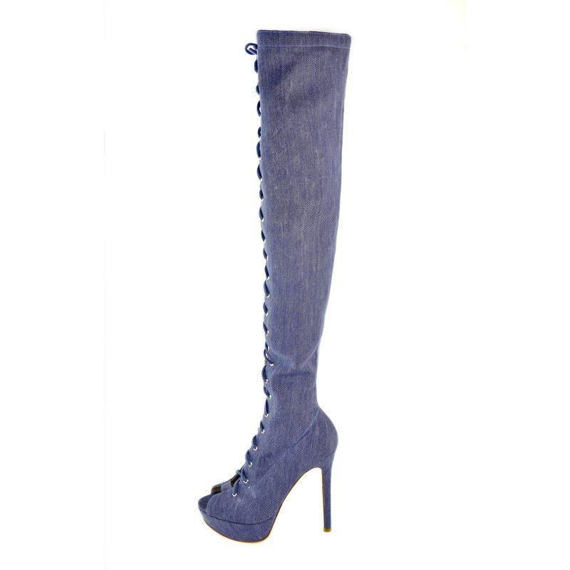 Blue Denim Thigh-High Boots