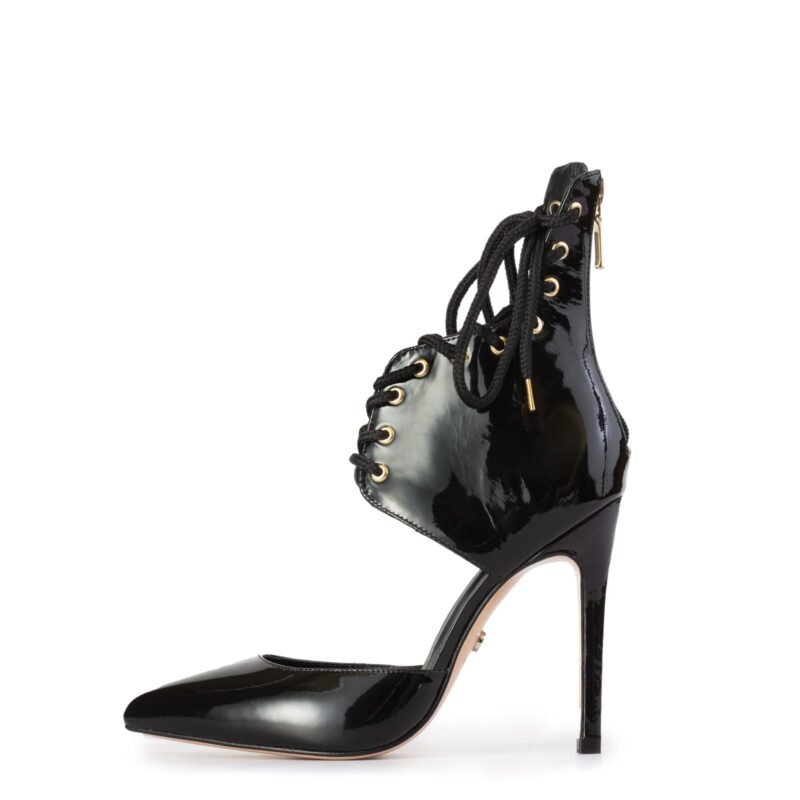 Side view of the Riley black leather pointed-toe pump
