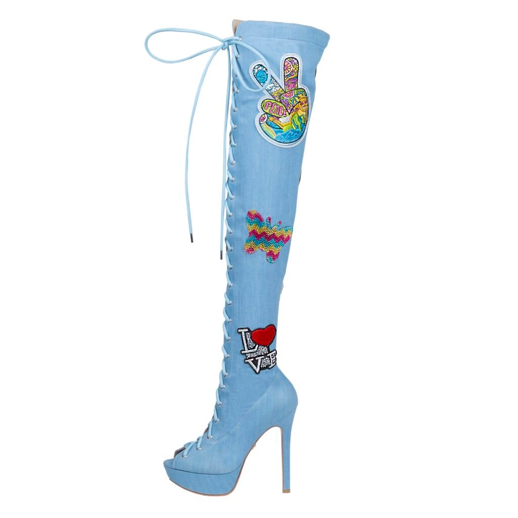 denim thigh high flat boots