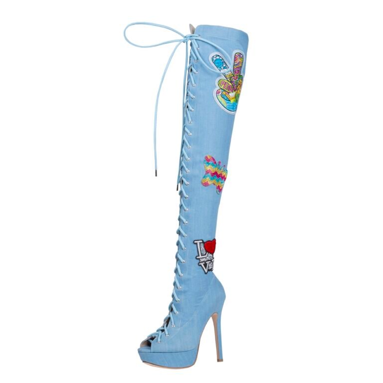 denim thigh high flat boots