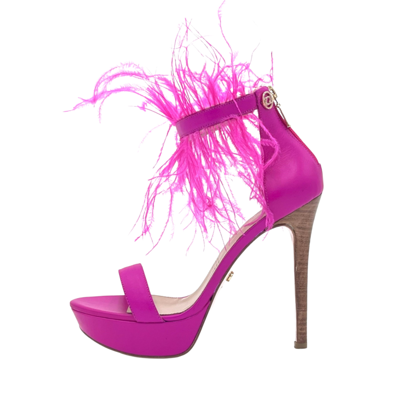 Magenta Strappy Platform Sandal with Ostrich feathers